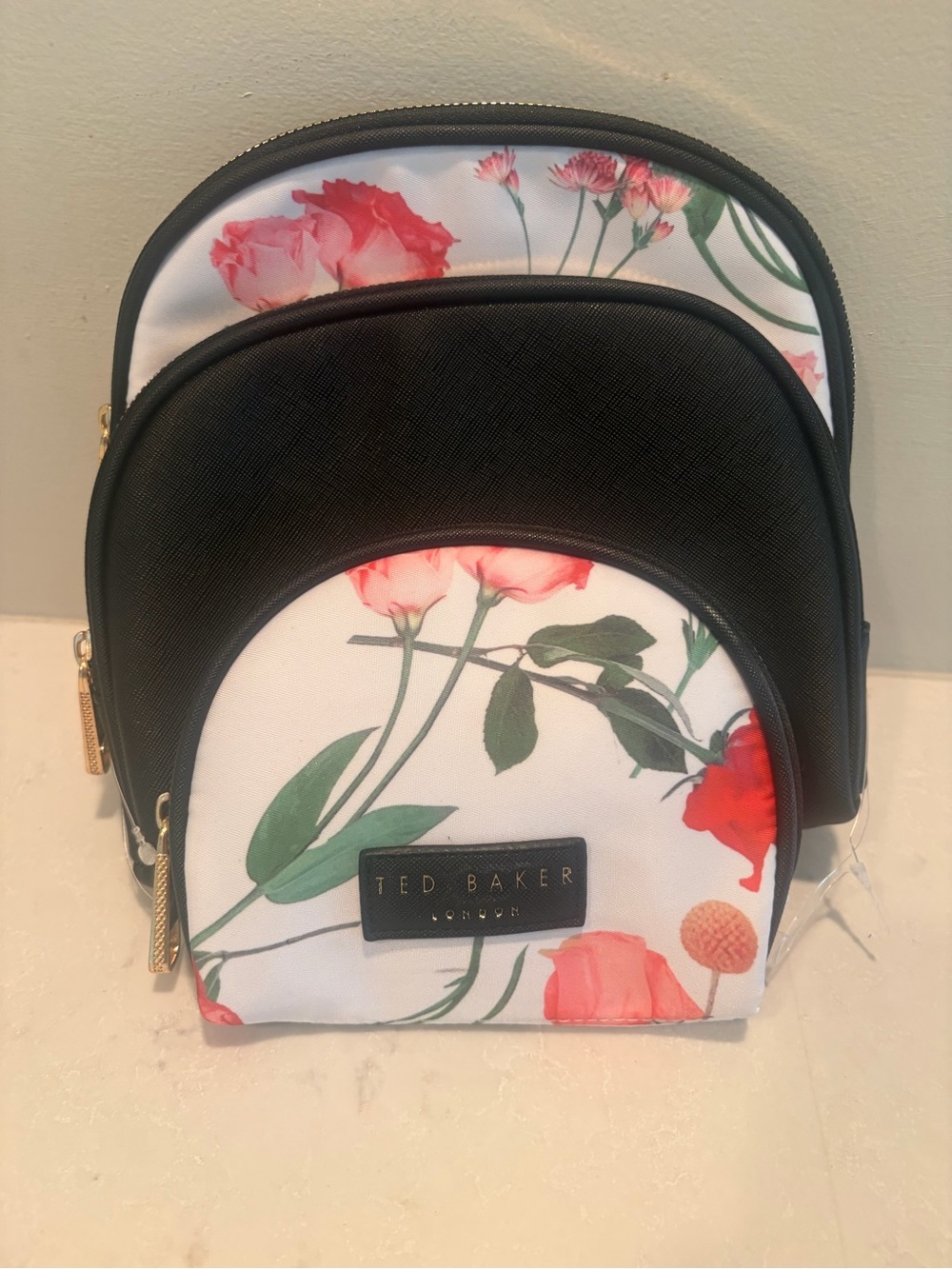 Ted Baker Floral White and Black Set of Three Cosmetic Cases- New!